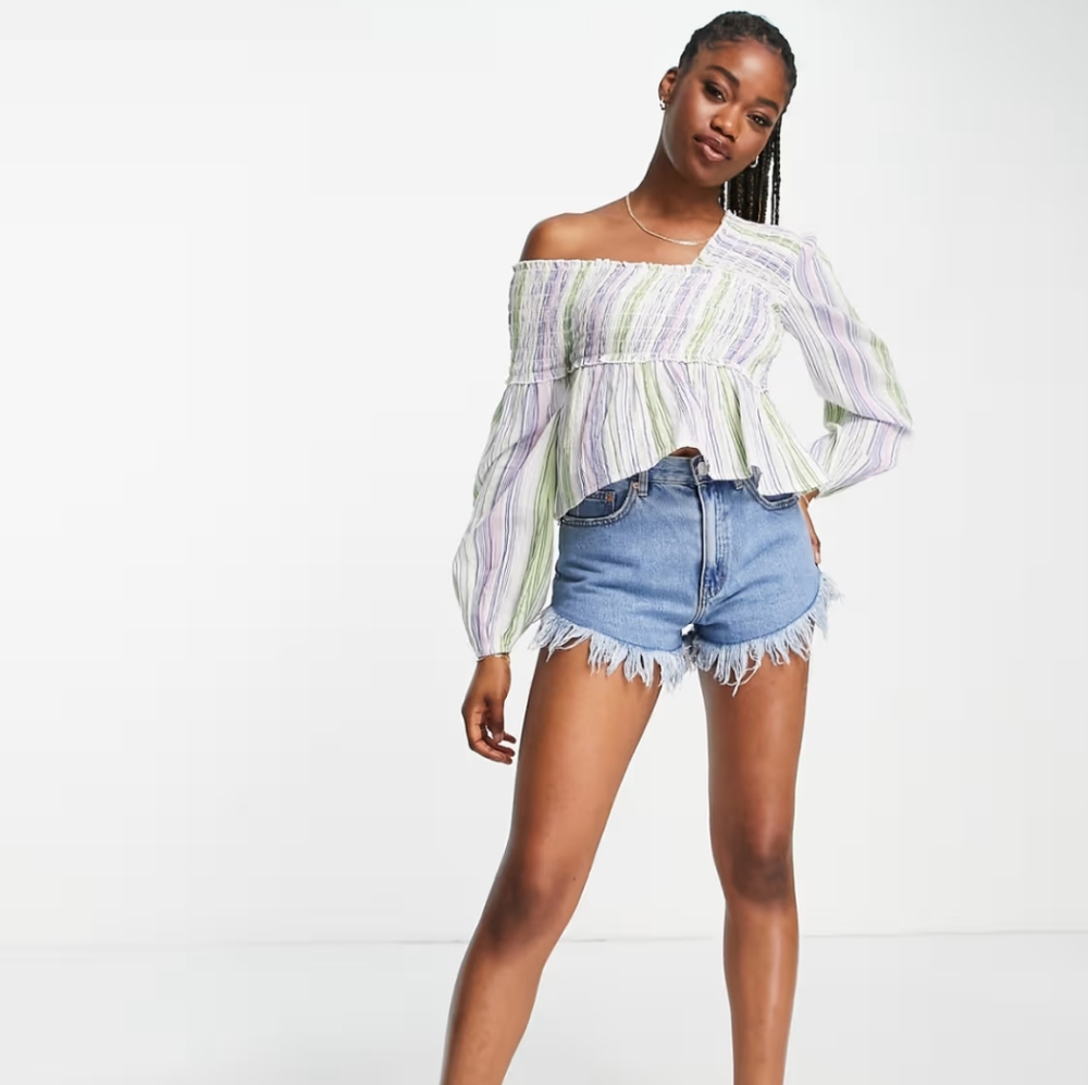 🌸 ASOS DESIGN Blue Green Off Shoulder Top Shirring & Volume Sleeve Pastel Top 6